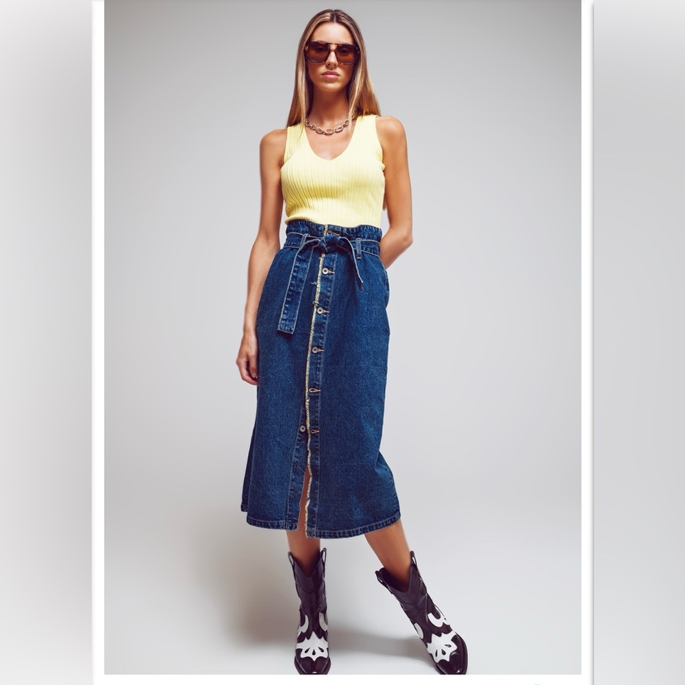 NWOT Q2 Premium Denim BELTED BUTTONED DENIM MAXI SKIRT in Small (4)
